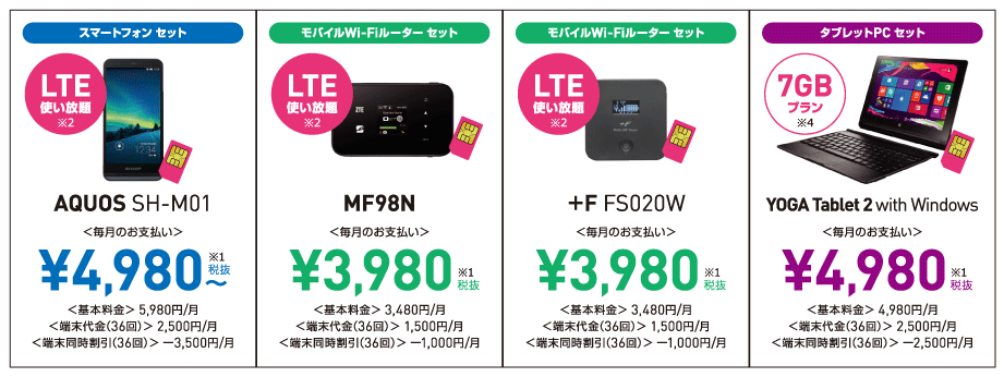 【スマートフォンセット】AQUOS SH-M01（LTE使い放題）毎月のお支払い：￥4,980～、基本料金：5,980円／月、端末代金（36回）：5,980円／月、端末同時割引（36回）：-3,500円／月【モバイルWi-Fiルーターセット】MF98N他（LTE使い放題）毎月のお支払い：￥3,980、基本料金：3,480円／月、端末代金（36回）：1,500円／月、端末同時割引（36回）：-1,000円／月【タブレットPCセット】YOGA Tablet 2 with Windows（7GBプラン）毎月のお支払い：￥4,980、基本料金：4,980円／月、端末代金（36回）：2,500円／月、端末同時割引（36回）：-2,500円／月